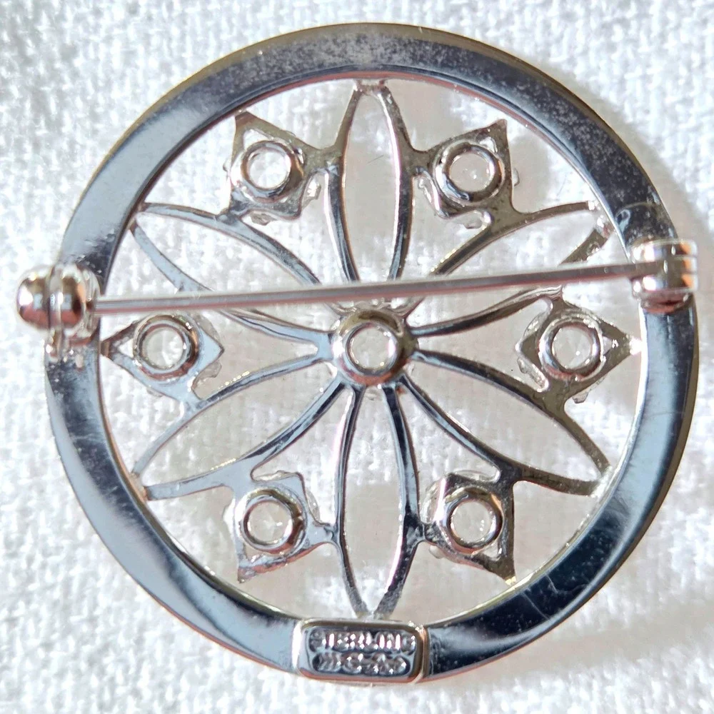 Carl Art Vintage Brooch Sterling Silver Rhinestone Floral Unique Circle Pin